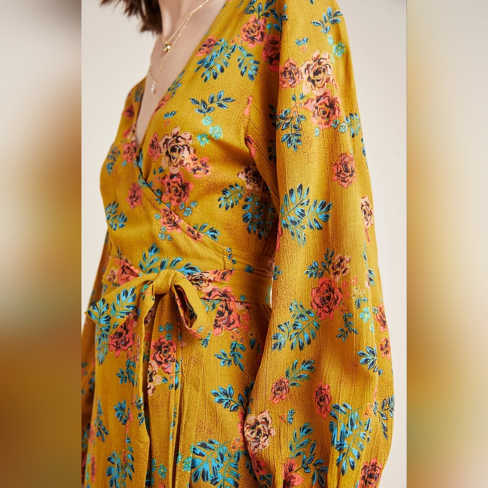 Faithfull the Brand x Anthropologie Mustard Floral Wrap Maxi Dress